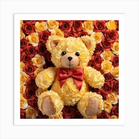 Teddy Bear With Roses Background Photo Art Print