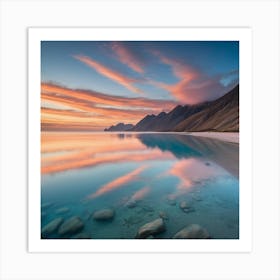 A tranquil sea with hills at sunset Art Print