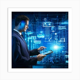 Abstract Cyber Industrial Icon Featuring A Futuristic Manager Interfacing With An Ai System Engagin (6) Art Print