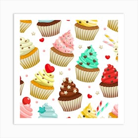 Seamless Pattern Yummy Colored Cupcakes Art Print