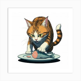 Cat Eating Fish Art Print