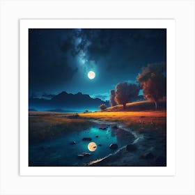 Peaceful Night Scene With Bright Moon And Stars Art Print