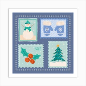 Christmas Stamps Postage Stamps Blue Art Print