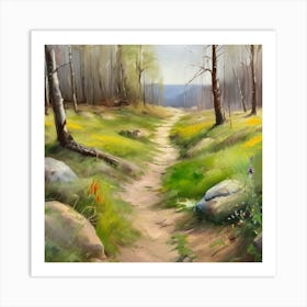 Path In The Woods.A dirt footpath in the forest. Spring season. Wild grasses on both ends of the path. Scattered rocks. Oil colors.12 Art Print