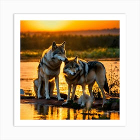 Sunset With Wolves Art Print