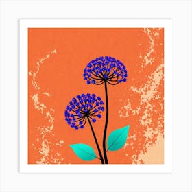 Blue Flowers On An Orange Background 2 Art Print