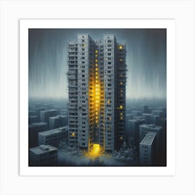 Yellow light emits from the cracks in the building Art Print