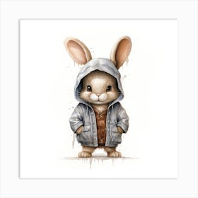 Watercolour Cartoon Rabbit In A Hoodie Art Print