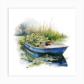 Watercolor Boat With Water Lilies Art Print