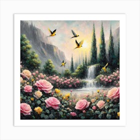 Roses And Birds Art Print