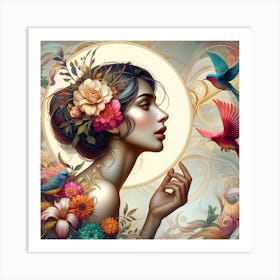 Beautiful Woman With Birds 1 Art Print