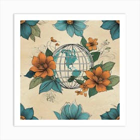 Earth Globe And Flowers Art Print