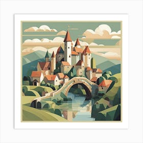 Medieval Landscape With Bridge Cubism Style Art Print