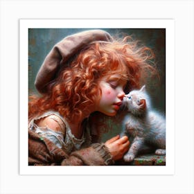 Little Girl Kissing A Kitten Art Print