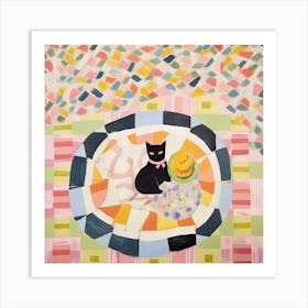 Pastel Colours Black Cat In A Picnic Blanket 3 Art Print