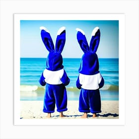 Blue bunny friends on beach  Art Print