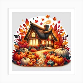 Autumn House With Pumpkins Art Print