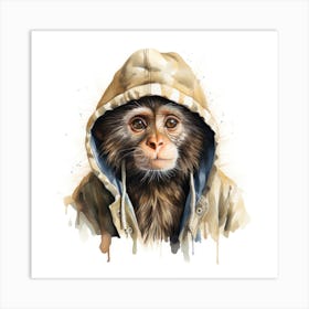 Watercolour Cartoon Capuchin Monkey In A Hoodie 1 Art Print