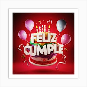 Feliz cumple and Feliz cumpleaños sign means Happy Birthday in Spanish language, Birthday party celebration gift with birthday cake candle colorful balloons best congratulation over light background wall artFeliz Cumple 3 Art Print