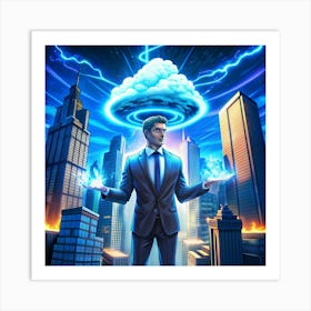 Businessman Controlling A Large Cloud With Lightning Art Print