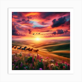 Sunset With Horses Art Print