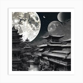 Moon Over Chinese Village Art Print