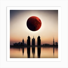 Blood Moon Over Dubai, Orange Moon, City Skyline at night, Red Moon,Exotic Illustration, Digital Art Print Art Print