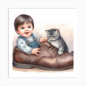 Little Boy With Kitten In Shoes Art Print