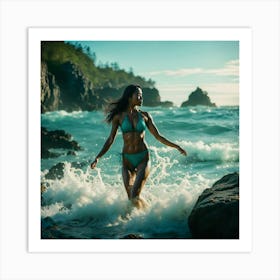 Woman In Bikini Running On Rocks Art Print