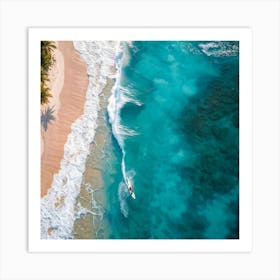 Aerial Photography Capturing A Surfer Amidst Azure Waves Tropical Beach In The Background Palm Tre (7) Art Print