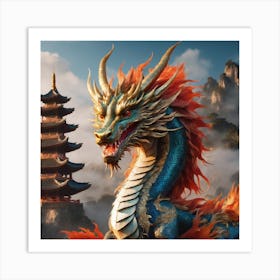 Dragon In Front Of Pagoda Art Print