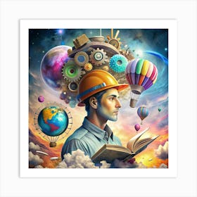 Man In A Hard Hat Holding A Book With A Surrealistic Background Art Print