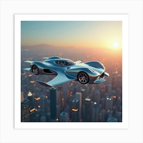 Advanced Flying Car With Sleek Chrome Finish, Soaring Through A Glowing Skyline 1 Art Print