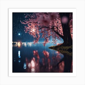 Placid Blue Lake and Reflections of Pink Cherry Blossom Art Print