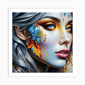 Portrait Of A Beautiful Women Face Decorated With Feather And Flower In A Detailed And Beautiful Artistic Oil Painting Art Print