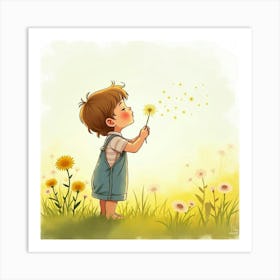 Toddler Blowing Dandelions In A Sunny Watercolor Meadow Art Print