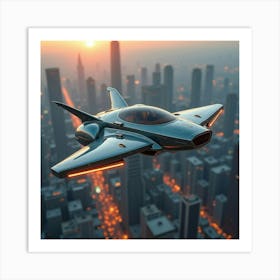 Sci Fi Flying Car With Glowing Wings, Cruising Above A Futuristic Metropolis 1 Art Print