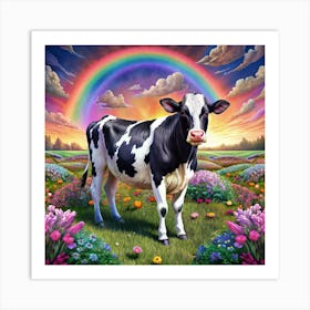 Black And White Cow Standing In A Flower Field With A Rainbow Art Print