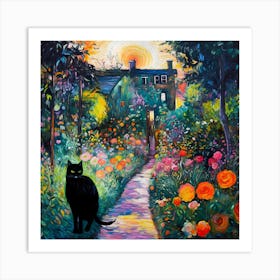 Black Cat In Monet Garden 4 Art Print