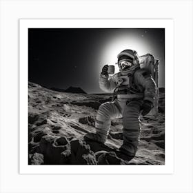 Black And White Photograph Of An Astronaut Drinking Coffee Standing Art Print