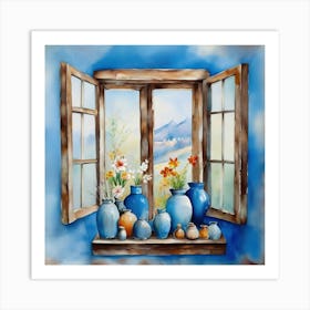 Blue wall. Open window. From inside an old-style room. Silver in the middle. There are several small pottery jars next to the window. There are flowers in the jars Spring oil colors. Wall painting.52 Art Print