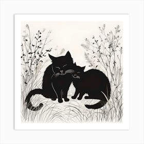 Cuddly Cats In The Garden, Black & White Art Print