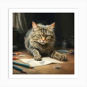 Cat With Pencils 1 Art Print