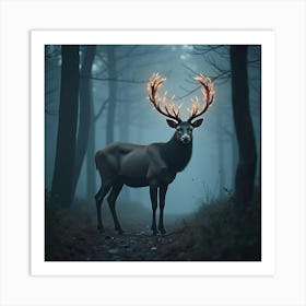 A Mystical Stag With Glowing Antlers In A Foggy Forest 1 Art Print