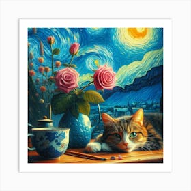 Cat And Roses 2 Art Print