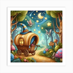 Playful Cartoon Style Illustration Of A Whimsical Caravan Journey Through A Magical Forest, Style Cartoon Illustration 1 Art Print