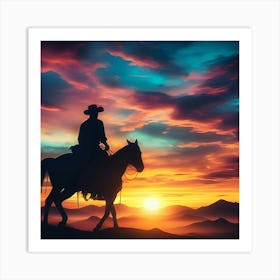 Silhouette Of A Cowboy Riding Into The Sunset, C4d, Dreamy And Optimistic, Vibrant Sky 2 Art Print