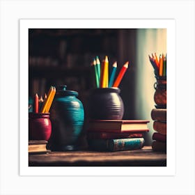 Earthenware pots, Pencils And Books Art Print