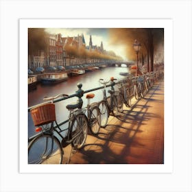 Bicycles Lined Up Along An Amsterdam Bridge In A Charming Digital Illustration, Style Digital Painting Art Print