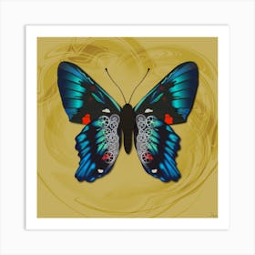 Mechanical Blue Butterfly The Ancyluris Meliboeus On A Yellow Background Art Print